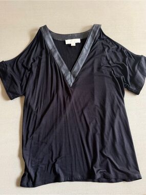 Michael Kors Black Cold-Shoulder V-Neck Top with Faux Leather Trim
